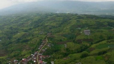 Sumatra dağlarındaki yamaçlardaki çay tarlalarının en üst görüntüsü. Çay evi manzarası. Kayu Aro, Endonezya.