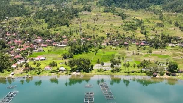 Aerial Drone Village Shores Maninjau Lake Farmland Fish Farm Sumatra — Stock Video
