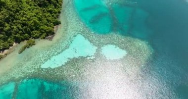 Tropiklerde turkuaz suyu olan körfez ve lagünün havadan görüntüsü. Borneo, Sabah, Malezya.