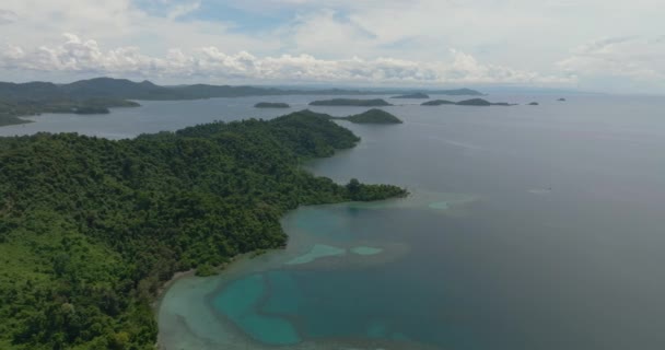 Part Légi Drónja Esőerdőkkel Trópusi Szigetekkel Öbölben Borneó Sabah Malajzia — Stock videók