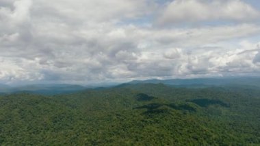 Tropikal dağ sıralarının ve yağmur ormanlarıyla kaplı dağ yamaçlarının havadan görünüşü. Borneo, Malezya.