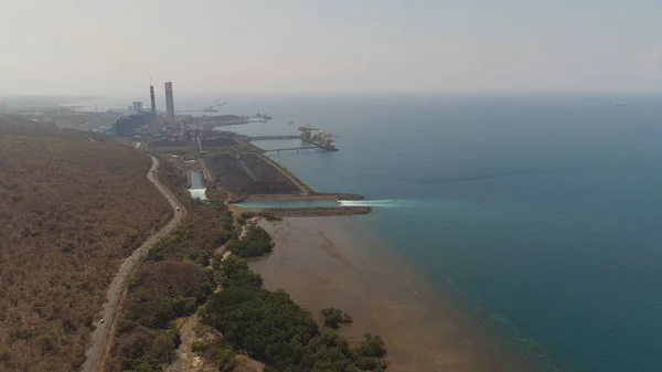 Power Station Spillway Sea Smoking Pipes Paiton Java Indonesia Aerial — Stock Photo, Image