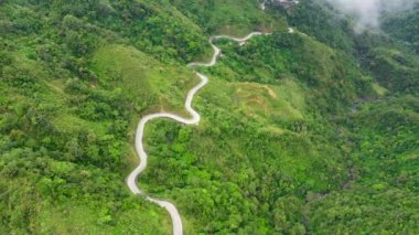 Dağ manzarası. Dağ yamacındaki arabalar için yol, üst manzara. Dağ yolu, yeşil orman ve bitki örtüsüyle kaplı dağların ve tepelerin yamaçlarından geçiyor. Filipinler, Luzon.