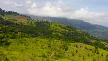 Aerial view of Mountains covered rainforest, trees and blue sky with clouds. Sri Lanka.