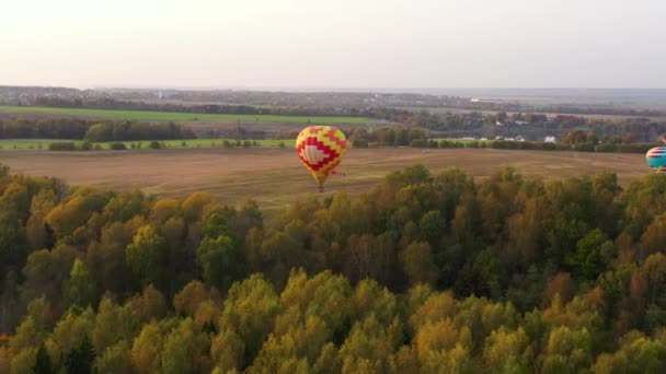 Yukarıdan Kırsal Alanda Uçan Sıcak Hava Balonları Aerostat Tarlaların Ormanların — Stok video