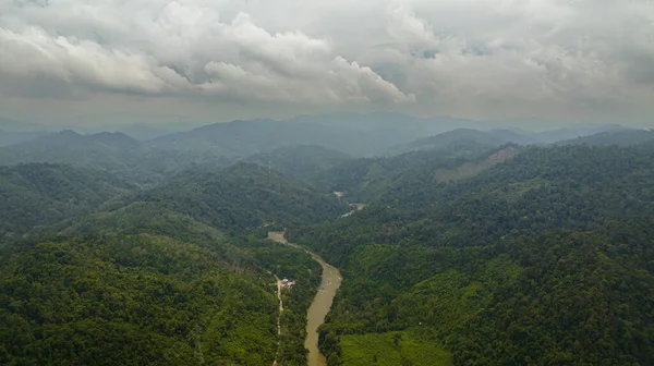 在多山多山的热带雨林中 空中的河流无人驾驶飞机 印度尼西亚苏门答腊 — 图库照片