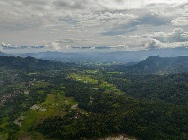 有绿林的高山和有农场种植园的农田的空中无人驾驶飞机 布吉廷基苏门答腊印度尼西亚 — 图库照片
