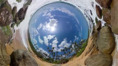 Palmiye ağaçları ve mavi bir okyanusu olan tropik plaj manzaralı küçük bir gezegen. Sri Lanka. Rekawa Sahili.