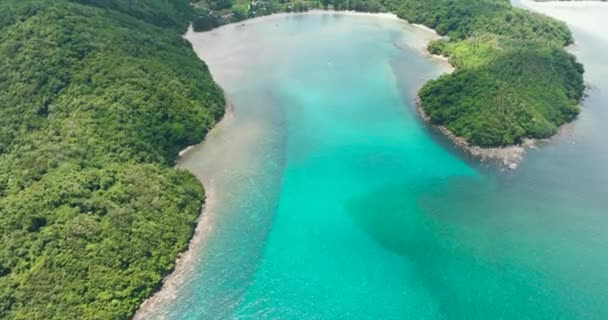 Вид Воздуха Залив Красивым Пляжем Среди Тропической Растительности Пляж Лоро — стоковое видео
