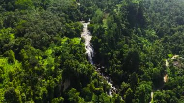 Waterfall in a tropical forest. Aerial view of Olu Ella Falls. Sri Lanka.