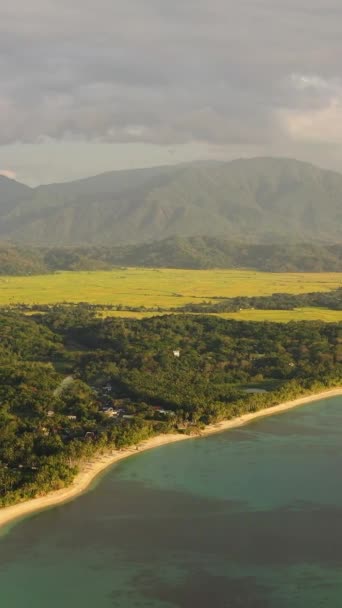Aerial Drone Coastline Beach Sunset Backdrop Mountains Pagudpud Ilocos Norte — Stock Video