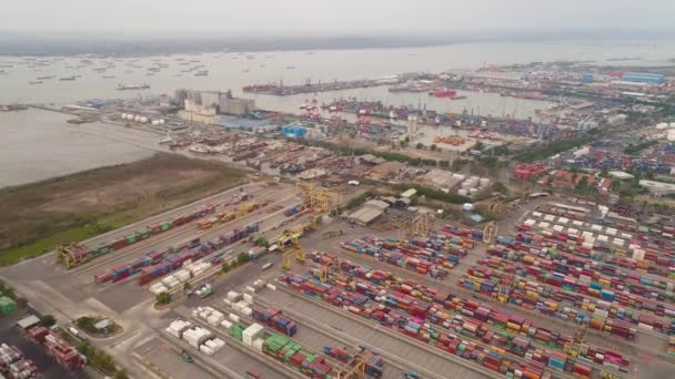 エアリアルビューコンテナターミナルポートスラバヤ コンテナ クレーン付き貨物産業港 インドネシアのタンジュン パーク 物流輸出 輸送業 — ストック動画