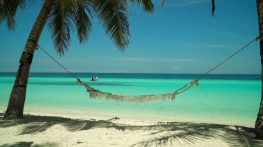 Kumsal, hamak ve gök mavisi suyu. Panglao Adası, Bohol, Filipinler. Yaz ve seyahat tatil konsepti.
