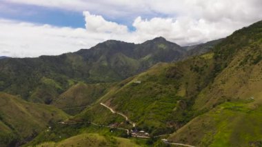 Taze yeşil yapraklar, tropikal bitkiler ve ağaçlar dağları ve vadiyi kaplar. Filipinler.