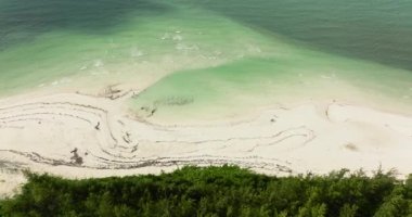 Tropik kumlu sahil ve mavi denizin havadan görünüşü. Punta Sebaring, Balabac, Palawan. Filipinler.