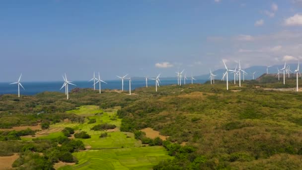 Aerial Drone Wind Turbines Coastline Wind Power Plant Philippines — Stock Video
