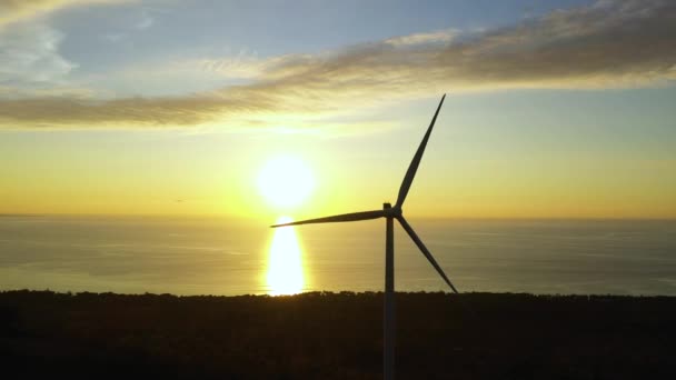 Luftfoto Gruppen Vindmøller Til Produktion Vedvarende Elektrisk Energi Ved Solnedgang – Stock-video