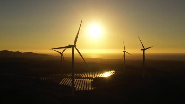 Gün Batımında Deniz Kıyısında Elektrik Üretimi Için Rüzgar Türbinlerinin Üst — Stok video