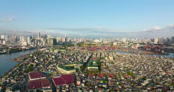 Panorama Van Stad Manilla Met Wolkenkrabbers Het Havengebied — Stockvideo