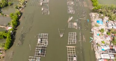Nehirdeki balık çiftliği manzarası ve balıkçılarla dolu bir köy. Hinigaran Nehri. Zenciler, Filipinler