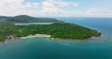 Tropikal ormanı ve mavi denizi olan Balabac adası. Palawan 'da. Filipinler.