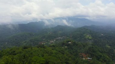Yağmur ormanlı dağ yamaçlarının havadan görünüşü ve tarım arazili dağ vadisi. Kandy, Sri Lanka.