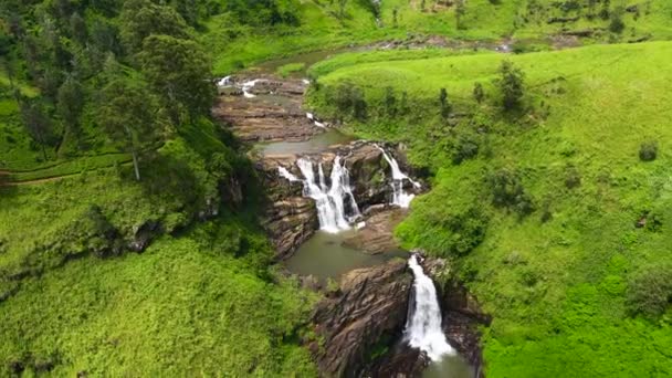 Aerial View Beautiful Waterfall Mountains Tea Estate Clair Falls Sri — Stock Video