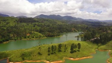 Aerial drone of Hills with tea plantations around the lake in the mountains. Maskeliya, Castlereigh, Sri Lanka.