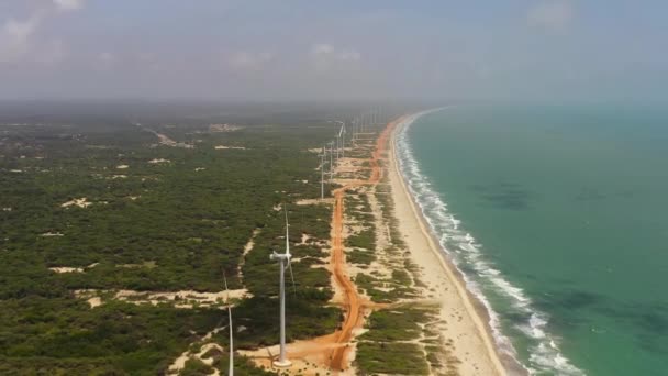 Kıyı Şeridindeki Rüzgar Türbinlerinin Üst Görüntüsü Mannar Sri Lanka Rüzgar — Stok video