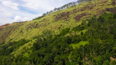 Aerial view of Mountains covered rainforest, trees and blue sky with clouds. Sri Lanka.
