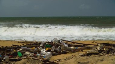 Plajdaki plastik ve odun atıkları çevreyi kirletiyor. Negombo, Sri Lanka.