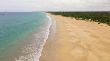 Aerial drone of Seascape with tropical sandy beach and blue ocean. Sri Lanka.