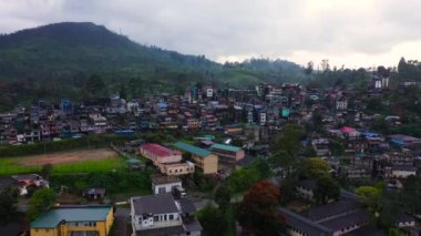 Top view of town of Maskeliya among the mountains and tea plantations. Sri Lanka.