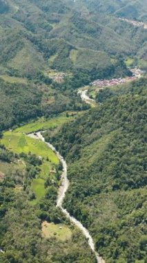 Orman ve ormanlı dağların arasındaki bir vadide nehrin drone 'u. Borneo, Sabah, Malezya.