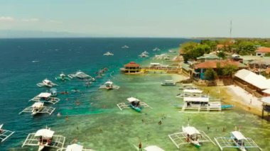 İnsanlar açık mavi okyanus suyuyla mercan resifinde yüzüyorlar. Moalboal, Filipinler. İnsanlar mercan resifleri arasındaki şeffaf denizde yüzerler. Yaz ve seyahat tatil konsepti.