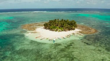 Kum plajlı tropik bir ada, mercan resifli palmiye ağaçları, üst manzara. Guyam Adası, Filipinler, Siargao. Yaz ve seyahat tatil konsepti.