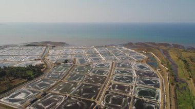 Karides çiftliği, karides çiftliği ve havalandırma pompalı okyanus yakınında oksijen suyu. Balık, karides ve diğer deniz ürünleri yetiştiren göletli balık çiftliği. Balık kuluçka göleti havadan görünüşlü su kültürü.