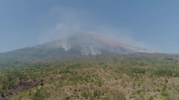 空中观景斜坡上的阿贡火山上有森林大火 脚下有农田火山 印度尼西亚巴厘山区景观 — 图库视频影像