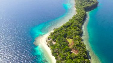 Plajları ve palmiye ağaçları olan mavi denizde tropik bir Büyük Sıvı Adası. Büyük Cruz Adası, Filipinler, Samal.