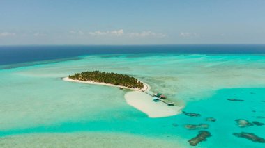 Tropik manzara: güzel plajı olan küçük bir ada, yukarıdan turkuaz su manzaralı palmiye ağaçları. Onok Adası, Balabac, Filipinler. Yaz ve seyahat tatil konsepti