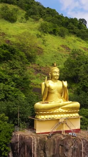 Luchtfoto Van Boeddhabeeld Zittende Boeddha Rots Aluvihara Rock Temple Matale — Stockvideo