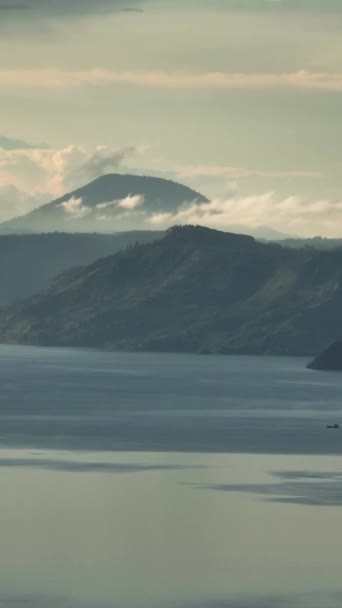 Aerial Drone Volcanic Lake Toba Mount Sinabung Sumatra Indonesia — Vídeo de stock