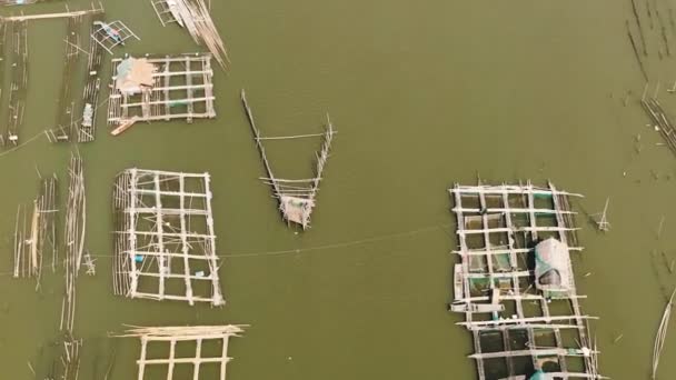 Letecký Dron Tradičního Rybolovu Řece Rybí Farmu Řeka Hinigaran Negři — Stock video