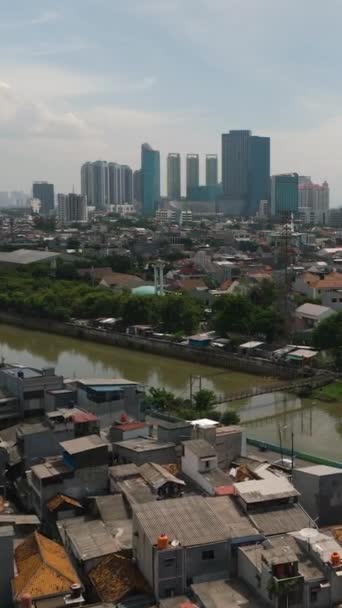 Flygdrönare Slumområden Med Hus Jakarta Stadslandskap — Stockvideo