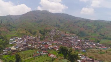 dağlar arasında tarım arazisi, pirinç terasları camide Asya beldesi. tarım arazileri, pirinç tarlaları, köy, bitkiler, ağaçlar alanlarla ile Dağları. Havadan görünümü çiftlik dağın üzerinde inecek. tropikal