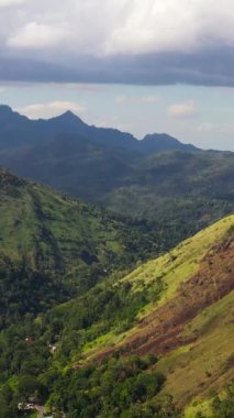 Mountain slopes with tropical forest and tea plantations under blue sky and clouds. Sri Lanka.