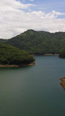 Dağların arasında ormanla kaplı bir göl. Victoria Rezervuarı, Sri Lanka. Dikey video.