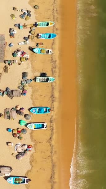 Aerial Drone Wooden Houses Fishing Village Ocean Coastline Sri Lanka — Stock Video