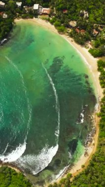 Palmiyeli kumsal ve dalgalı deniz sörfü. Hiriketiya, Sri Lanka.