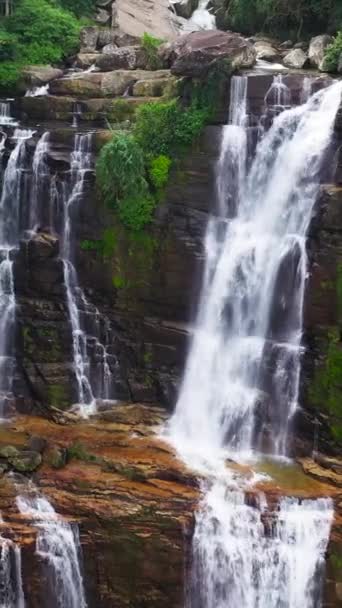 Waterfall Tropical Jungle Green Plants Trees Lower Ramboda Falls Sri — Stock Video